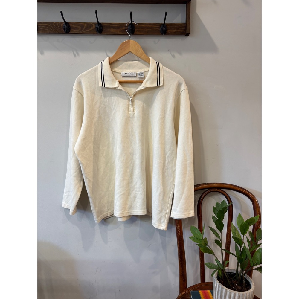Chaus Sport Vintage Cream Quarter Zip Cotton Pullover Sweater Striped Collar